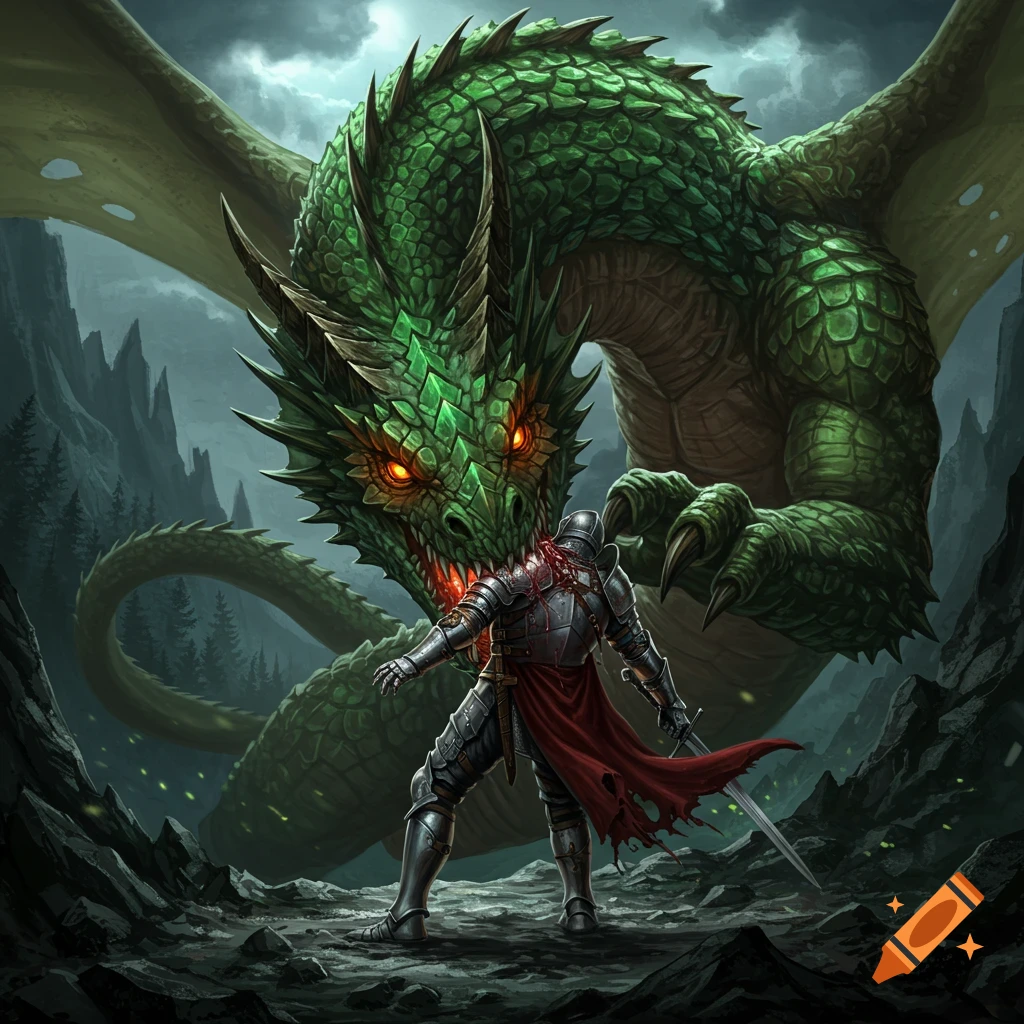 Large green dragon attacks a knight in armor in a dark, rocky fantasy landscape.