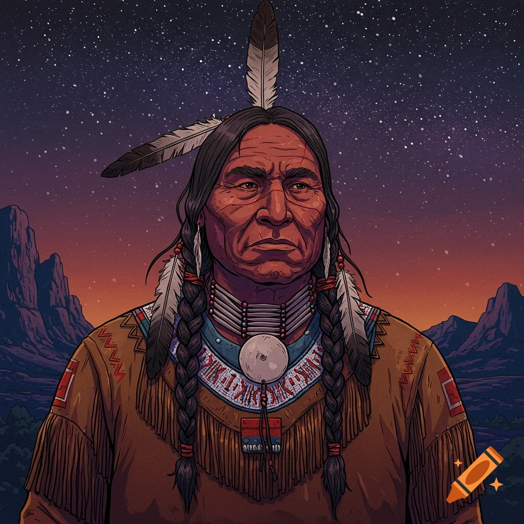 A portrait of a Native American man in traditional attire against a starry sky and mountains.