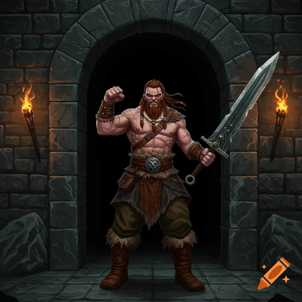 Muscular barbarian holding a sword in a dungeon entrance.