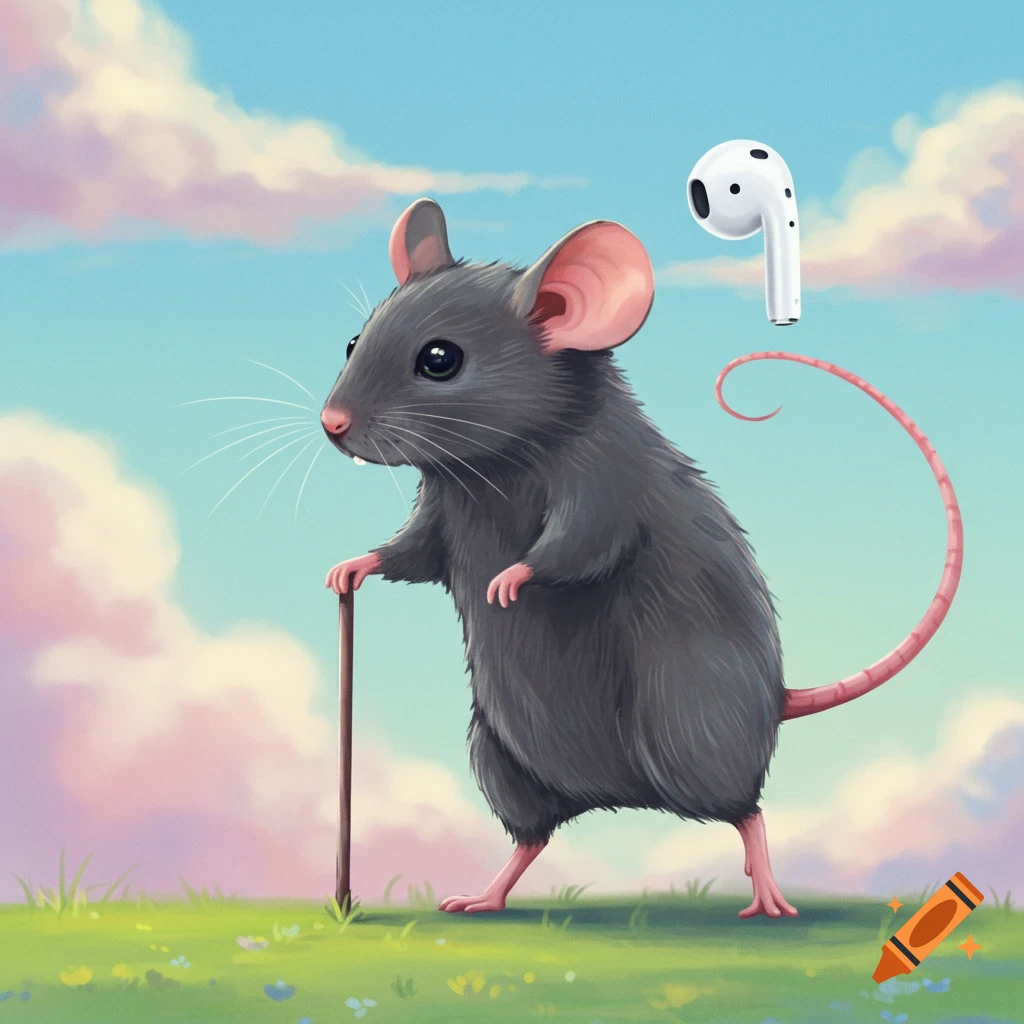 A mouse using an AirPod as a cane in a landscape.