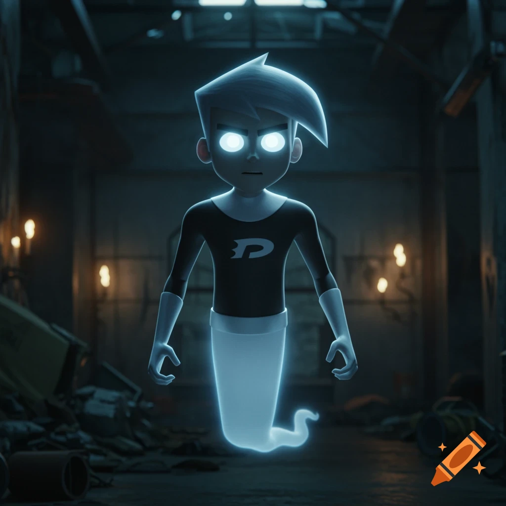 Danny Phantom in ghost form stands in a dark, abandoned building with glowing eyes.