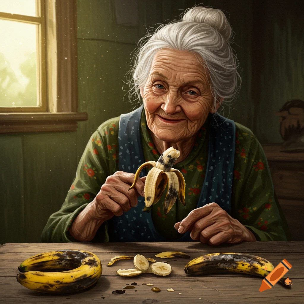 An old woman is eating a moldy banana at a wooden table.