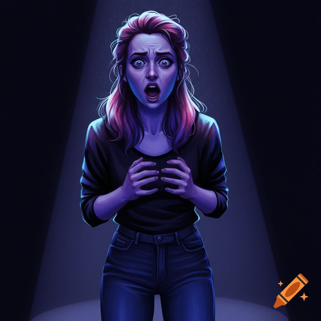 A woman looking scared or shocked is under a spotlight.