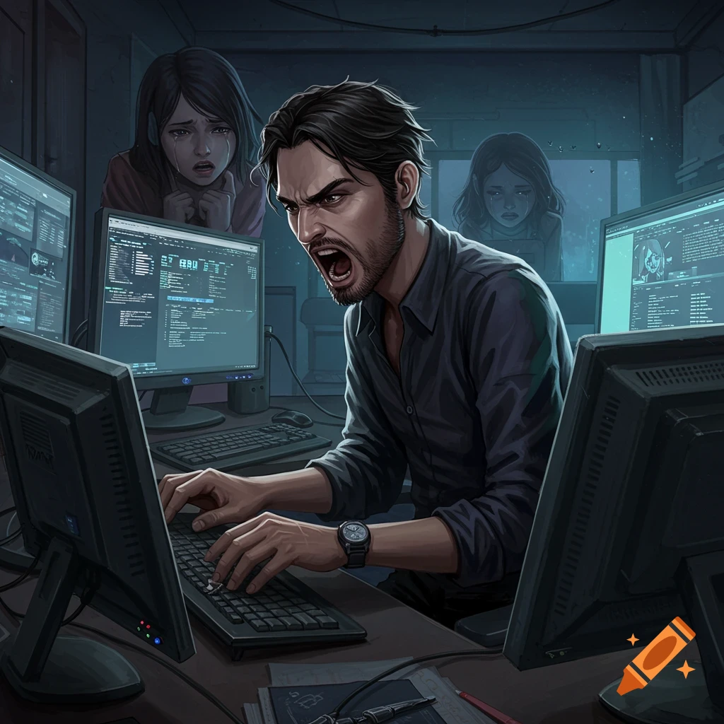 A man furiously typing on multiple computers and yelling, with two crying girls watching in the background.