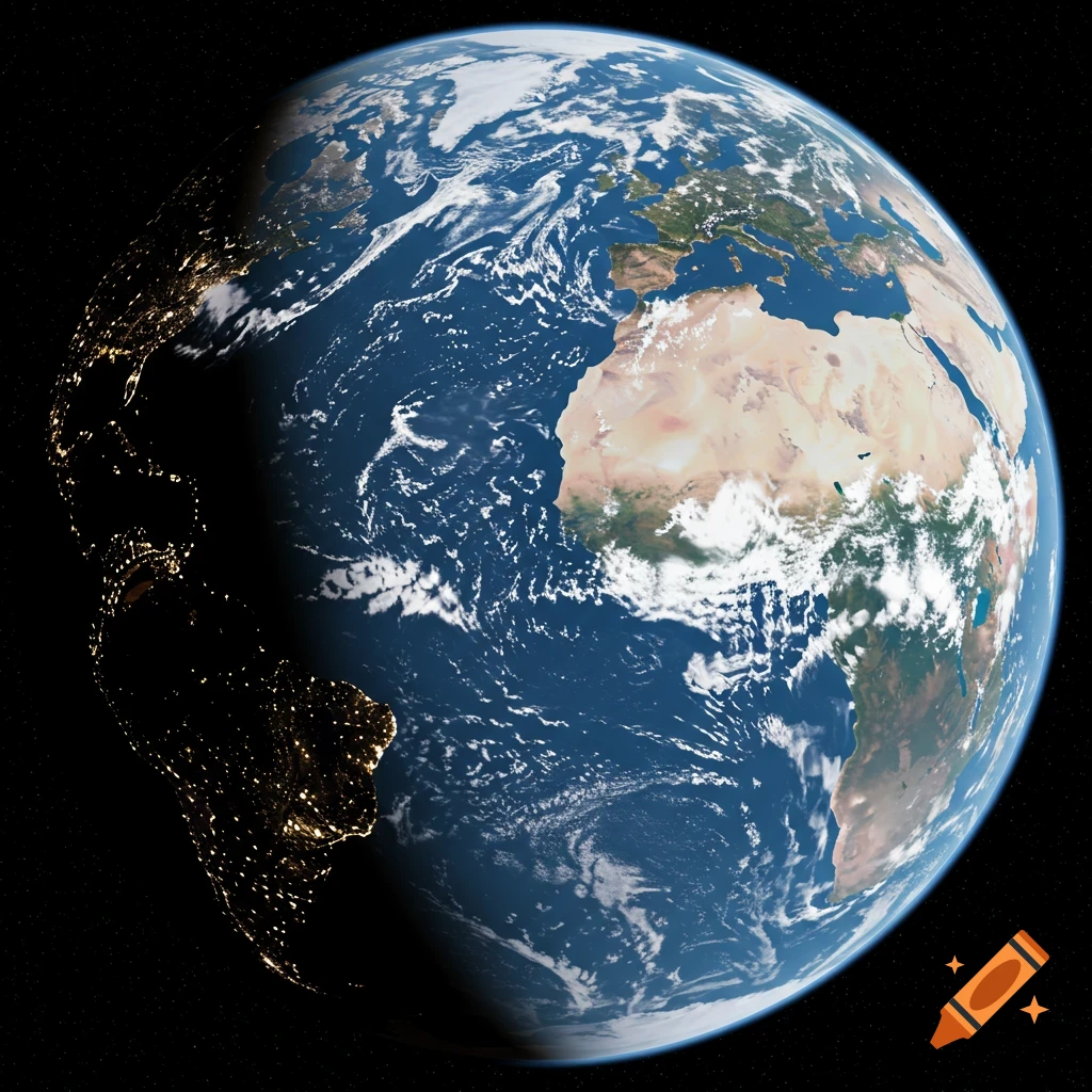 A view of Earth from space showing city lights on the night side.