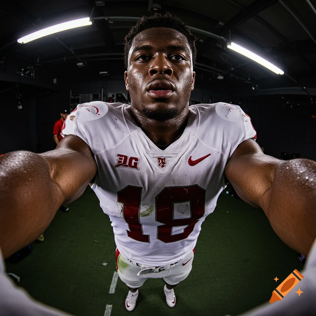 First-person perspective of a sweaty African American college football player in a locker room.
