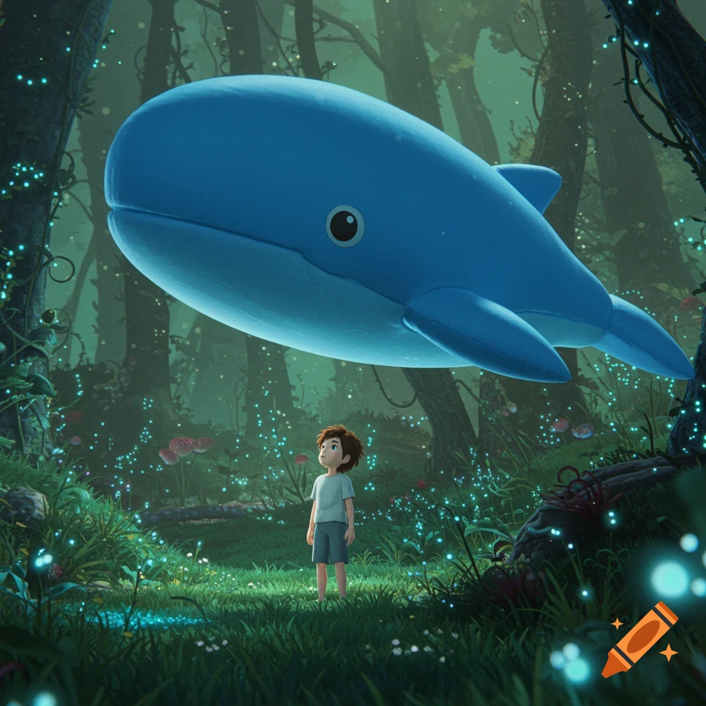 A young boy gazes up at a large blue whale in a glowing fantasy forest. Studio Ghibli style.