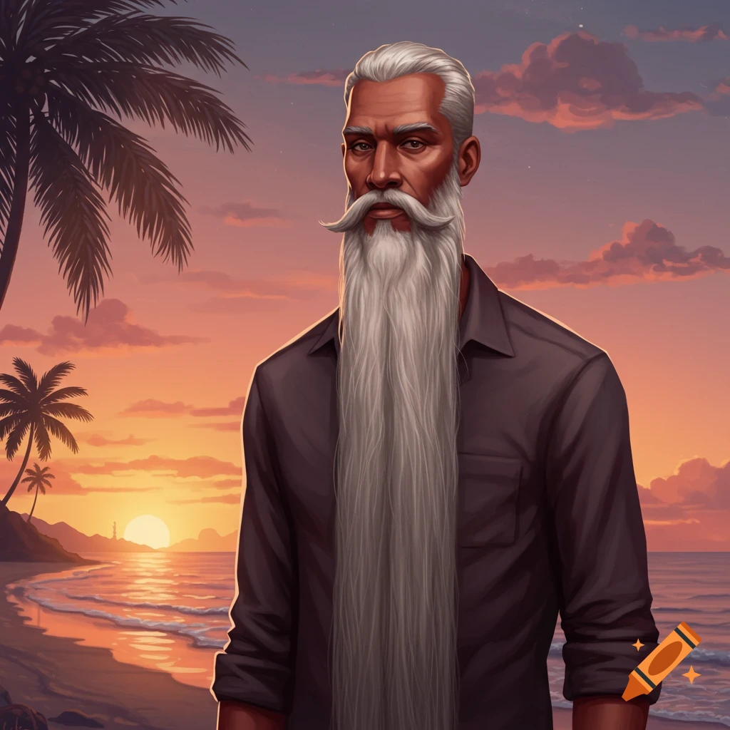 A man with a very long silver beard stands on a beach at sunset with palm trees.