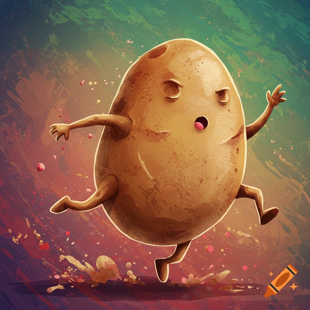 An agile potato with limbs is jumping.