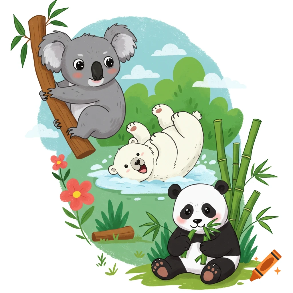 A cartoon illustration of a koala bear climbing a tree, a polar bear playing in water, and a panda bear eating bamboo.