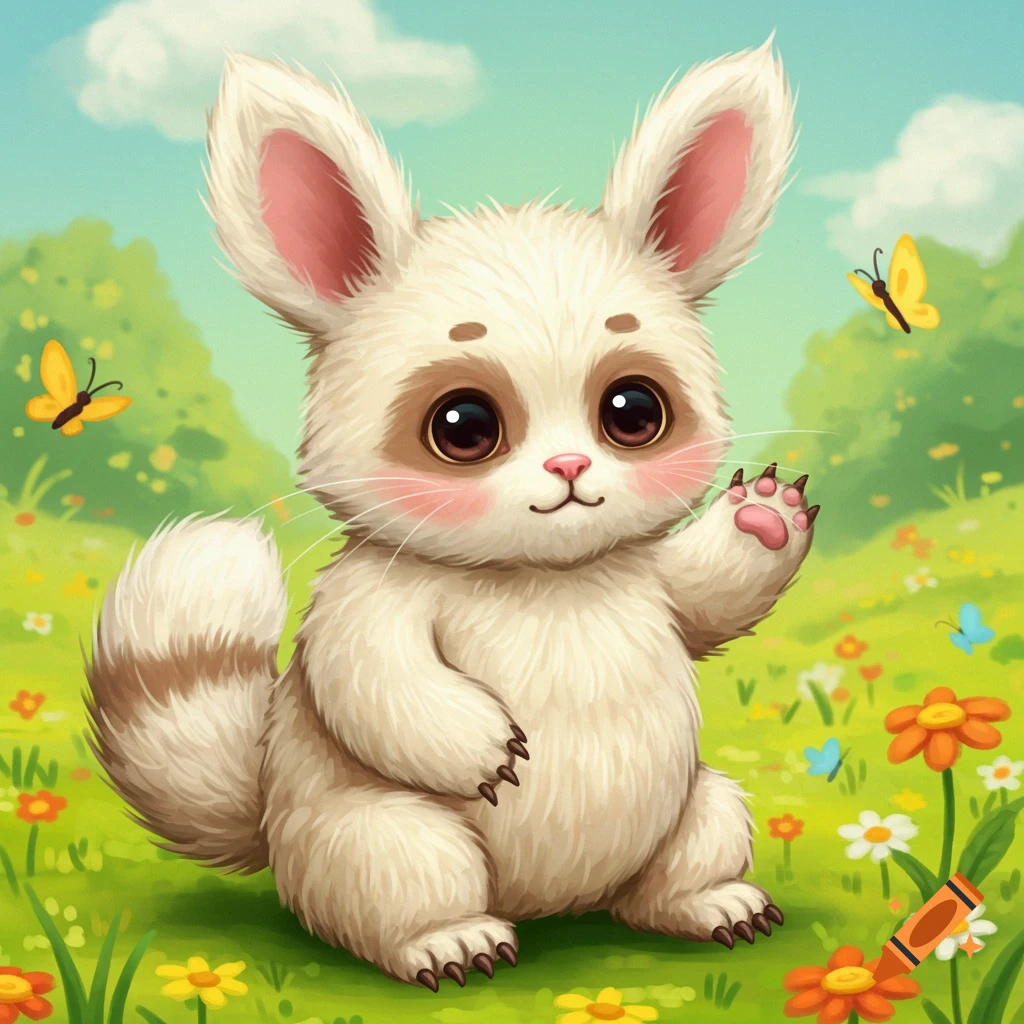 Cute fluffy hybrid animal waving in a sunny meadow with flowers and butterflies, digital art