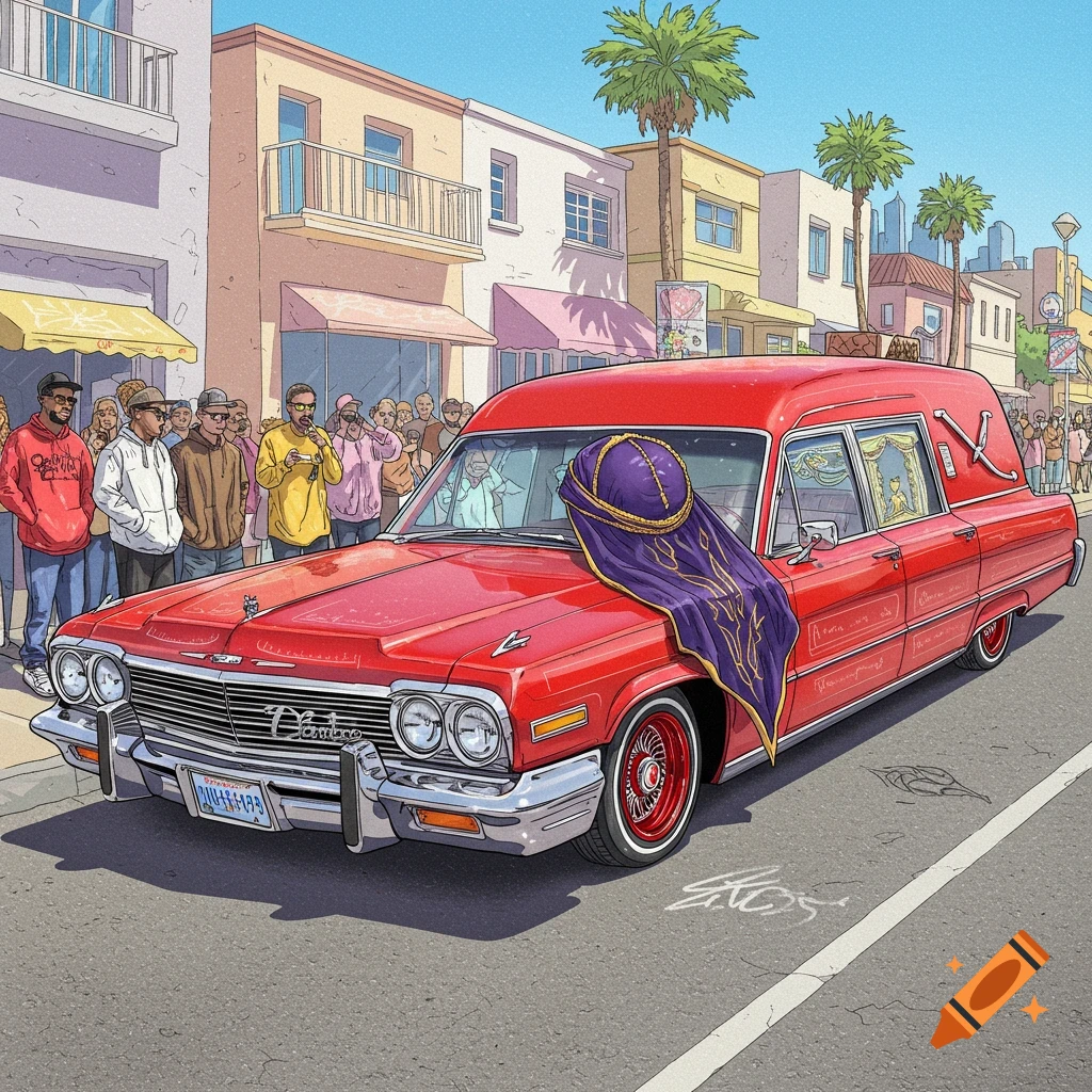 A red lowrider hearse with a purple durag draped over the front is parked on a street, with a crowd watching.