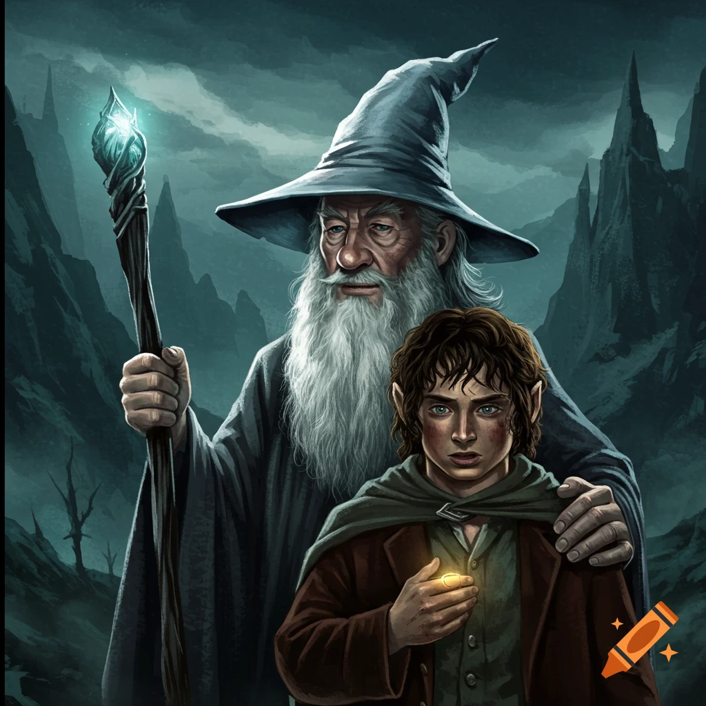 Gandalf and Frodo in a dark fantasy landscape