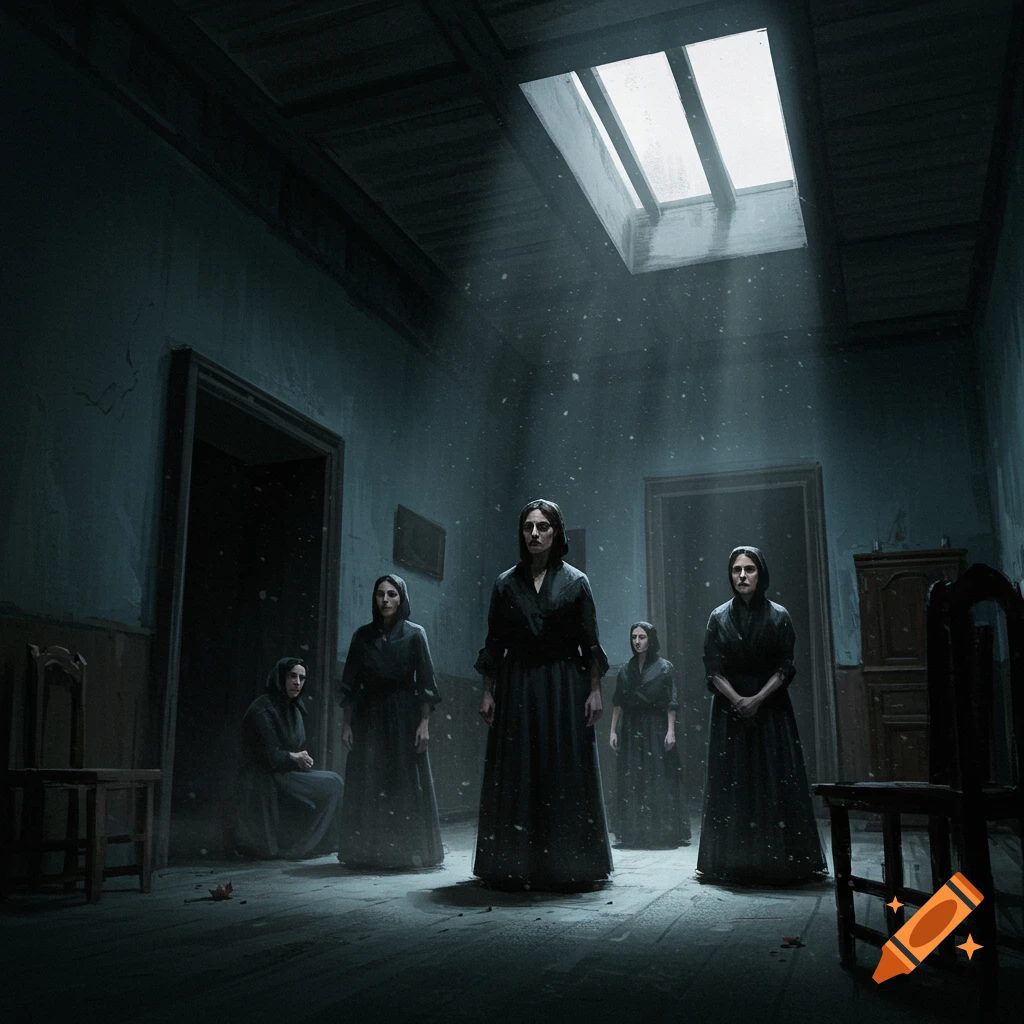 Women in dark dresses in a dimly lit house interior with light from a skylight.