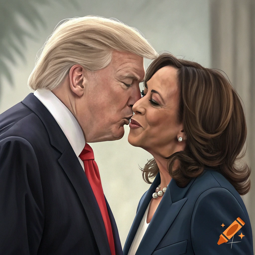 Realistic painting of Donald Trump and Kamala Harris kissing.