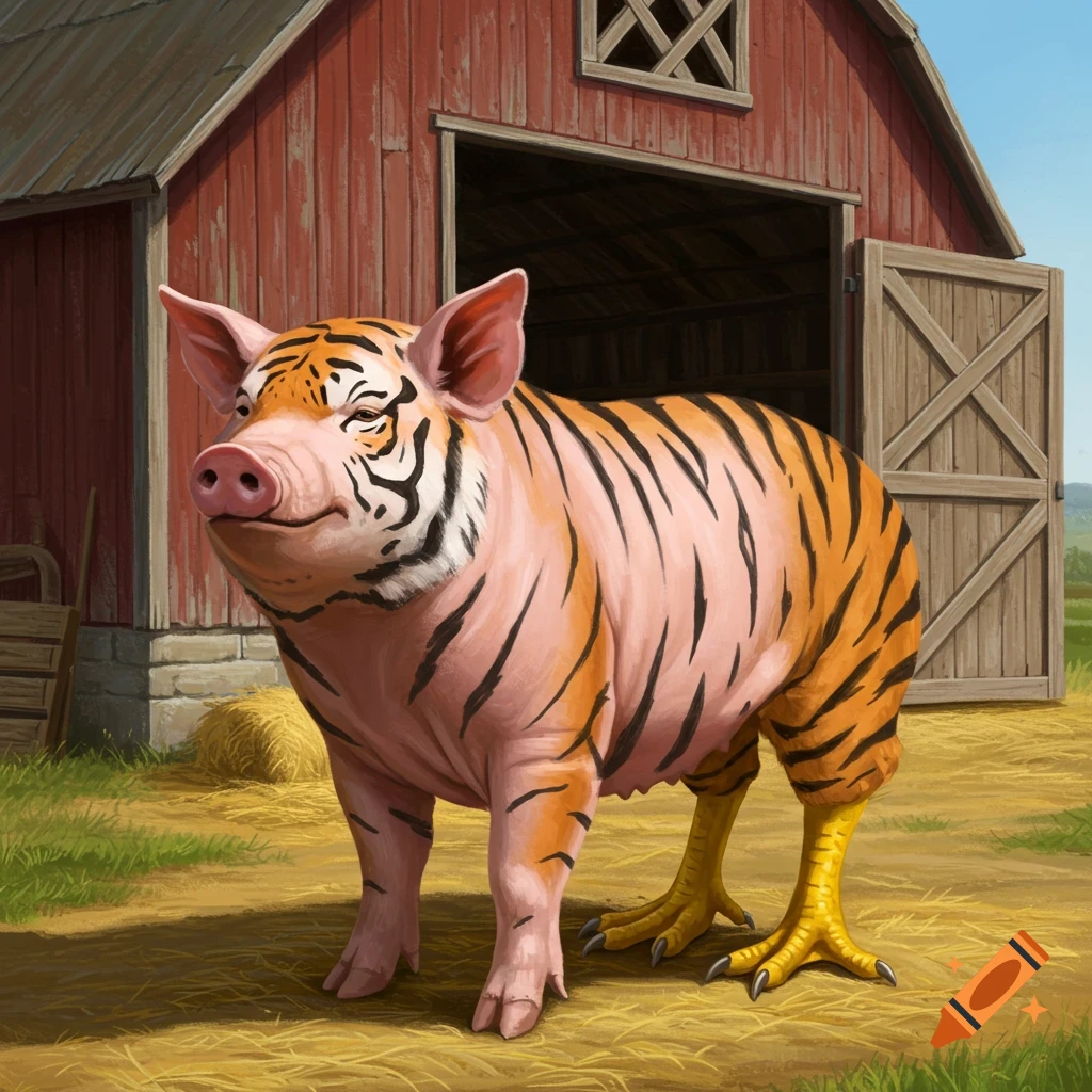A creature with a pig body, tiger stripes, and chicken legs stands in front of a barn.