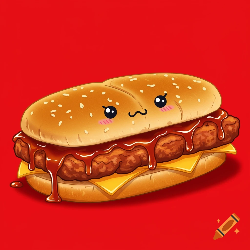 A cartoon McRib sandwich with melting cheese and dripping barbecue sauce on a red background.