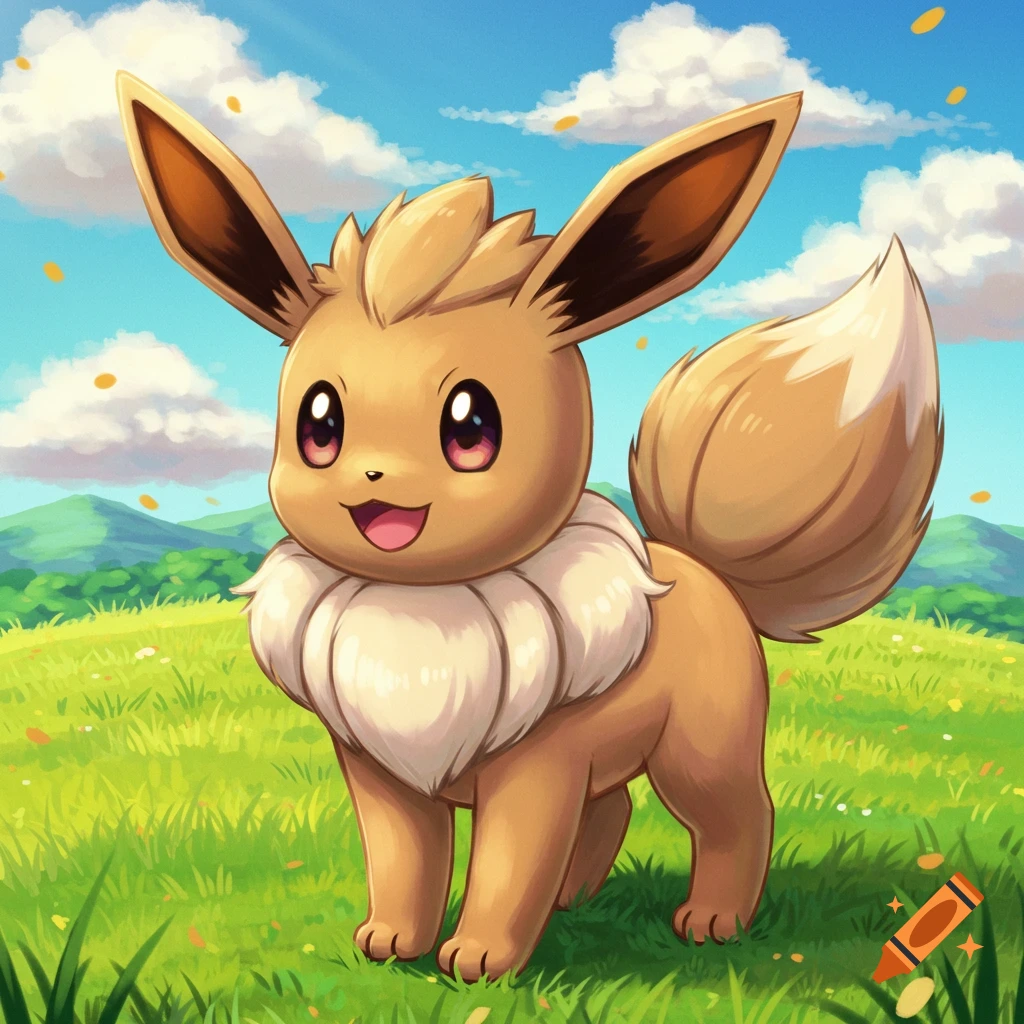 Eevee standing in a grassy field under a blue sky with clouds.