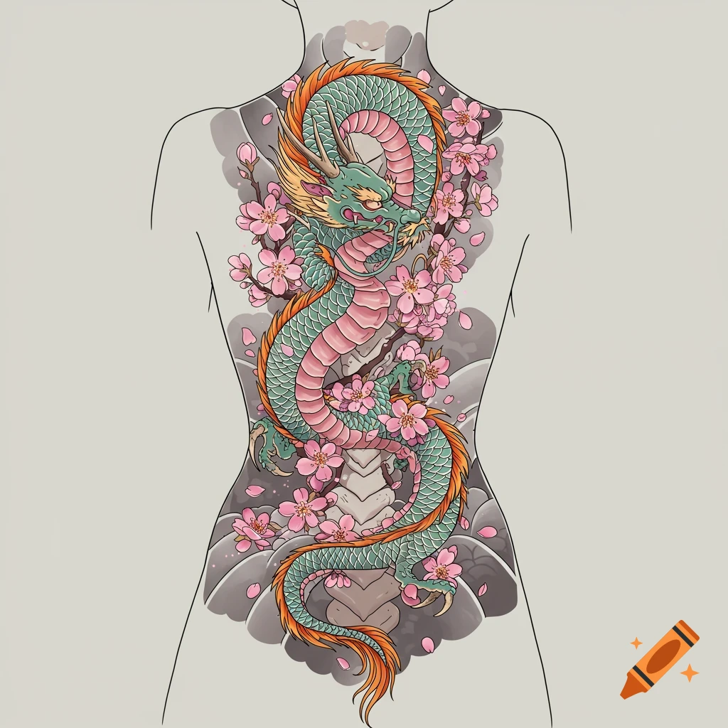 A colorful Japanese-style dragon tattoo with pink cherry blossoms on a ...