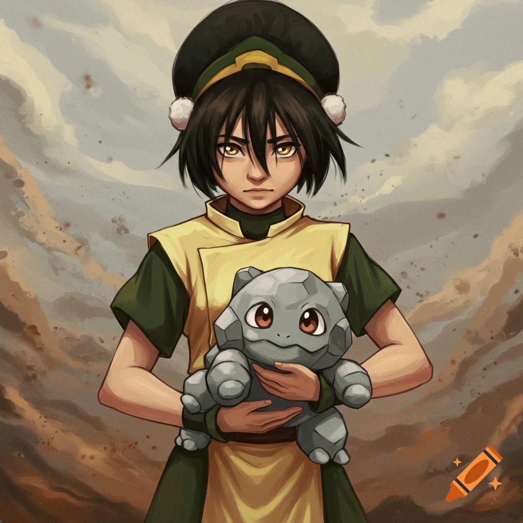 Toph from Avatar holding a Geodude Pokemon.