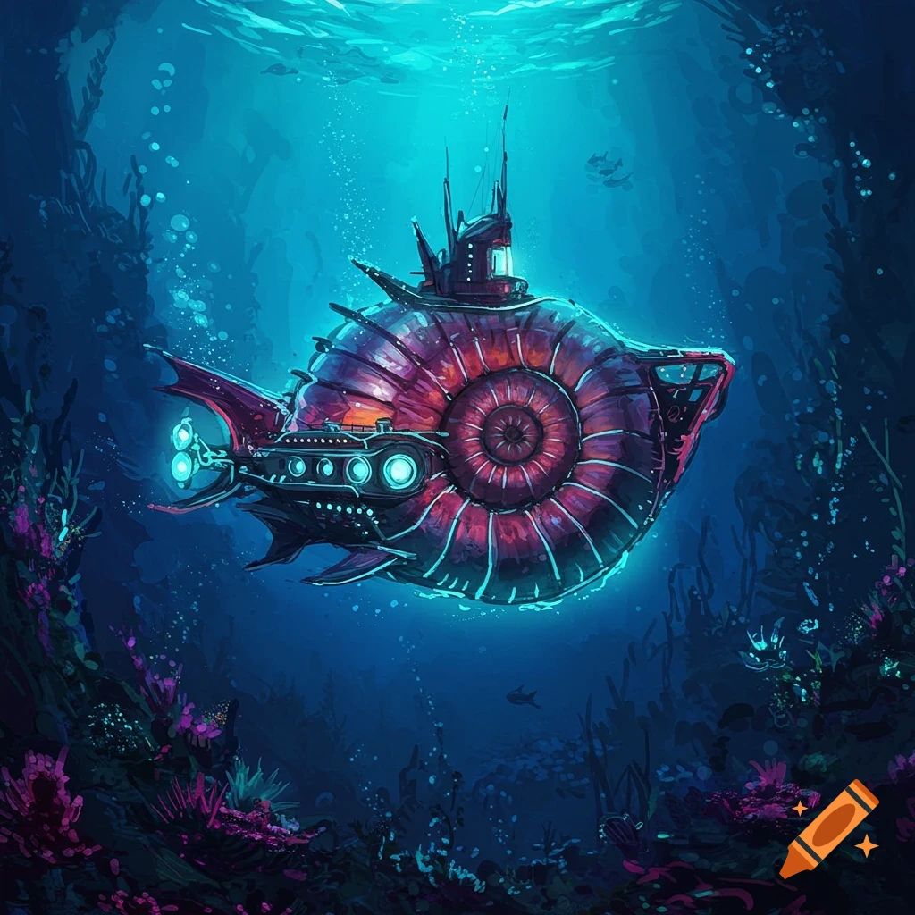 An ammonite-shaped submarine exploring an underwater environment.