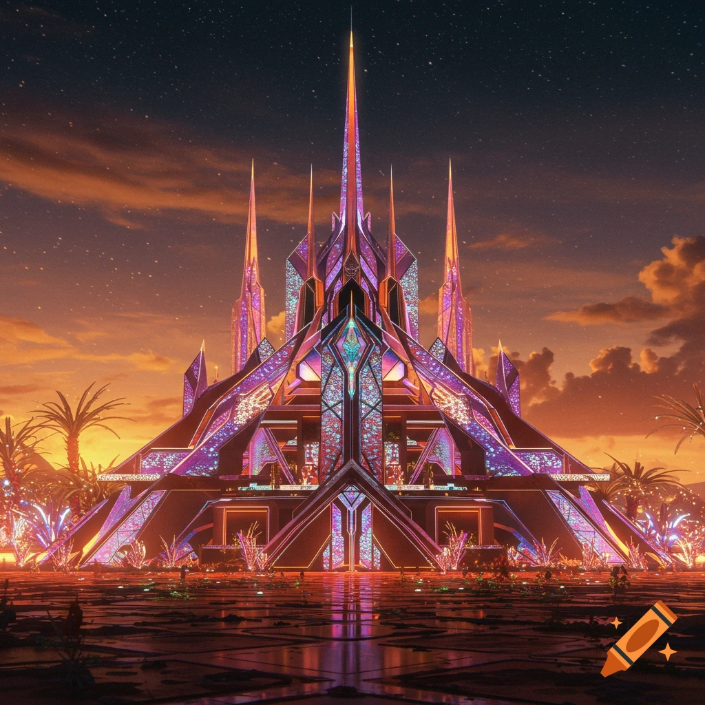 An ornate futuristic palace glowing at sunset with palm trees and reflections.