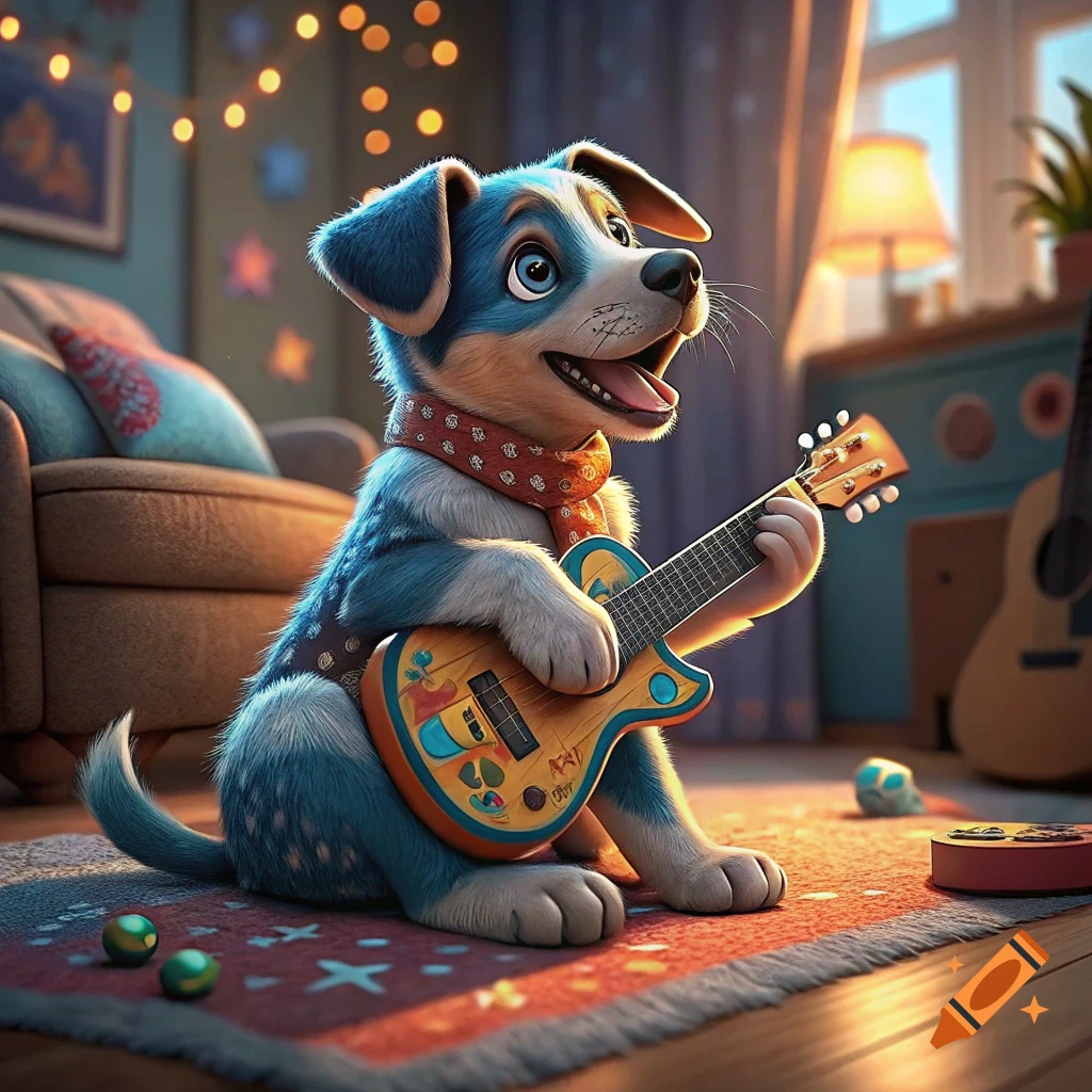 Cartoon blue and white dog playing a guitar in a cozy room.
