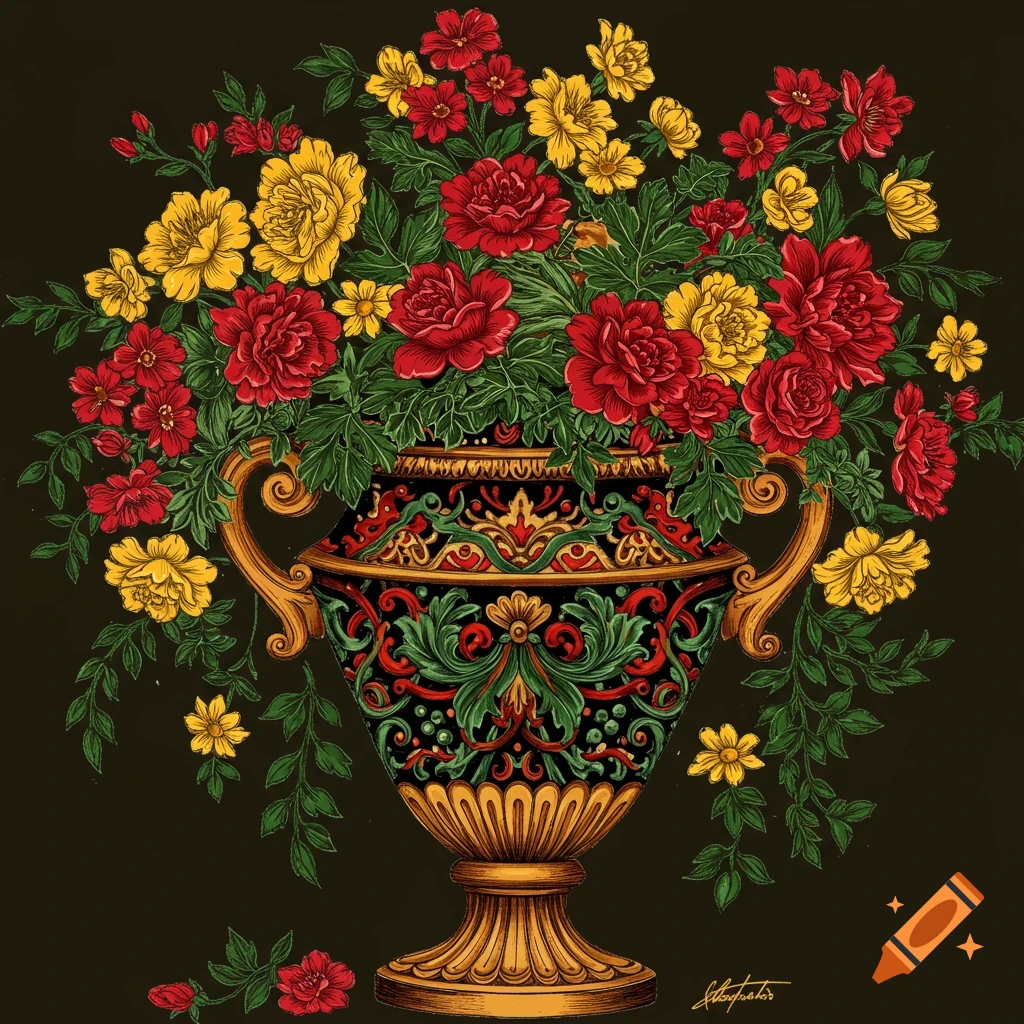 A detailed picture of red and yellow flowers in an ornate cachepot.