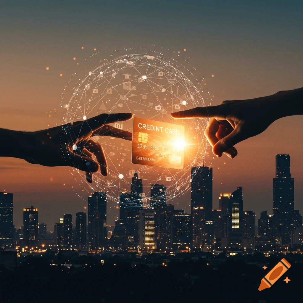 Two hands interacting with a glowing credit card and network globe over a city skyline at sunset.