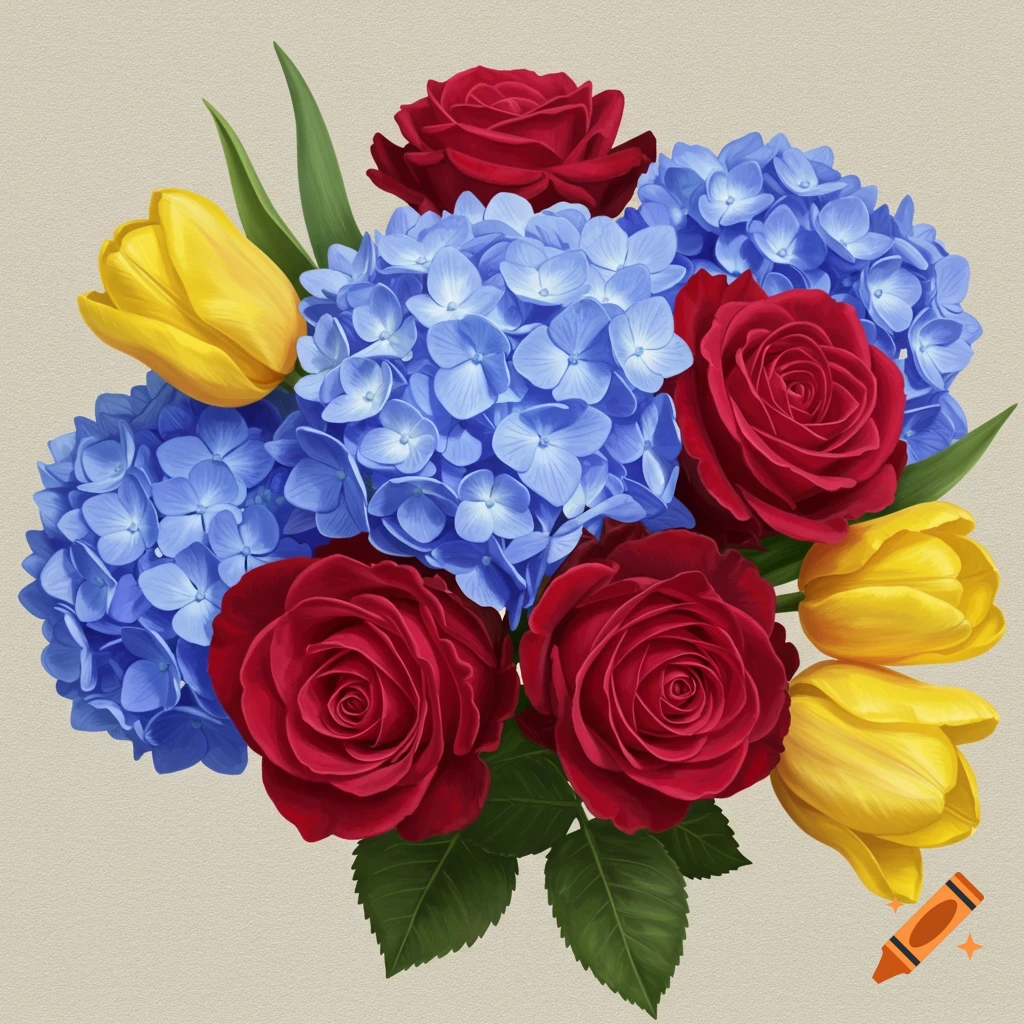 A bouquet of red roses, blue hydrangeas, and yellow tulips.