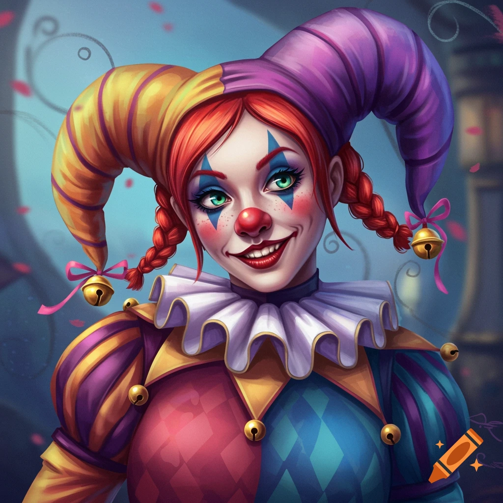 A red-haired female jester with a mischievous smile wearing a colorful, ruffled costume and a jester hat with bells.