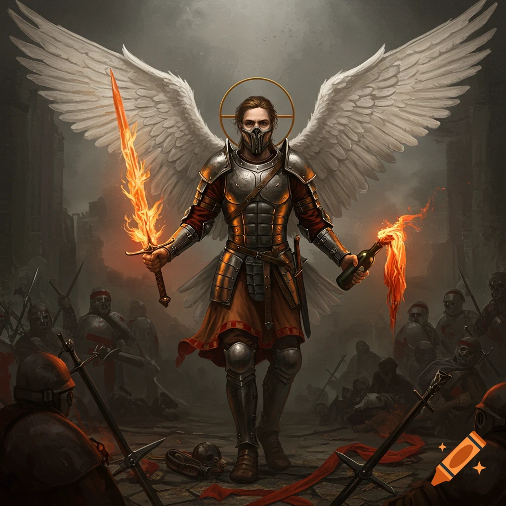 An angel warrior in armor with wings holds a flaming sword and Molotov cocktail on a battlefield, in an oil painting style.