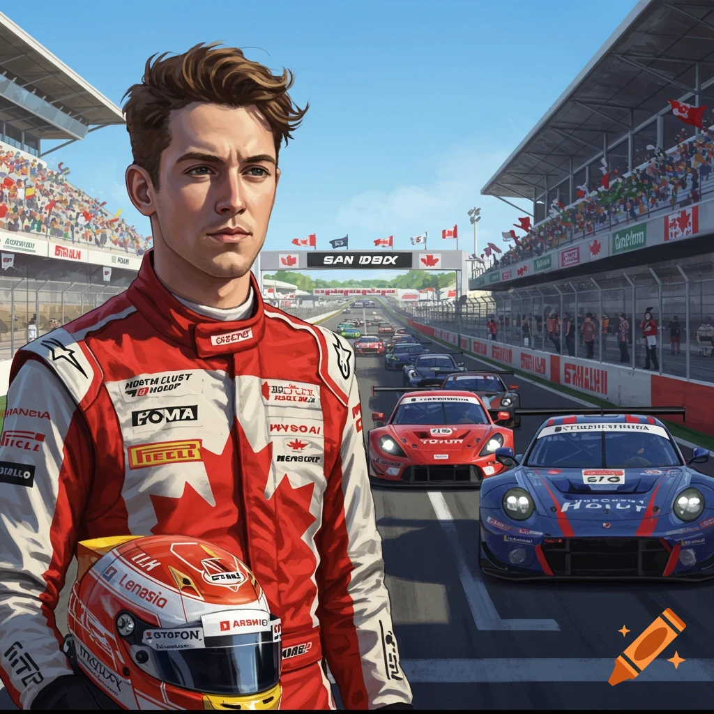 A Canadian race car driver in a red and white suit and helmet on a race track with GT3 cars in the background.