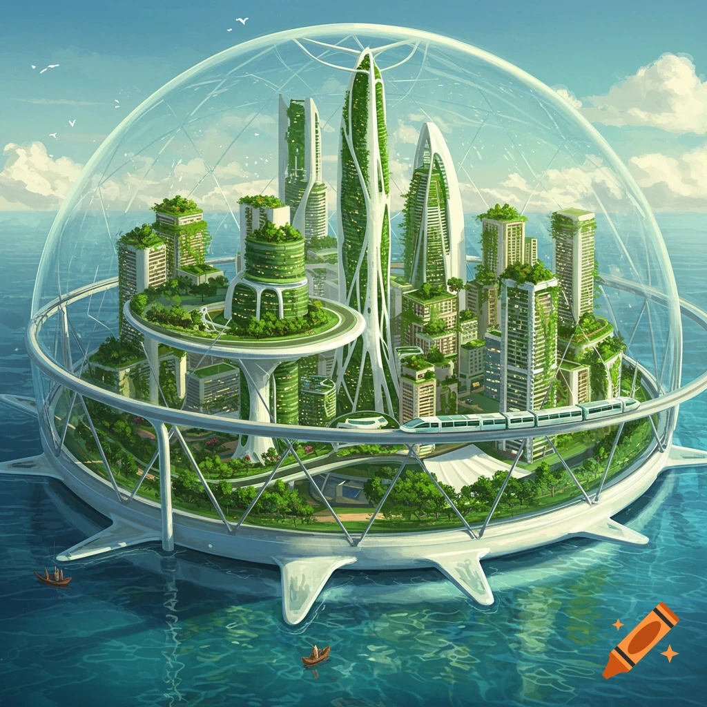 A futuristic domed city floats on water, featuring green skyscrapers and a monorail.