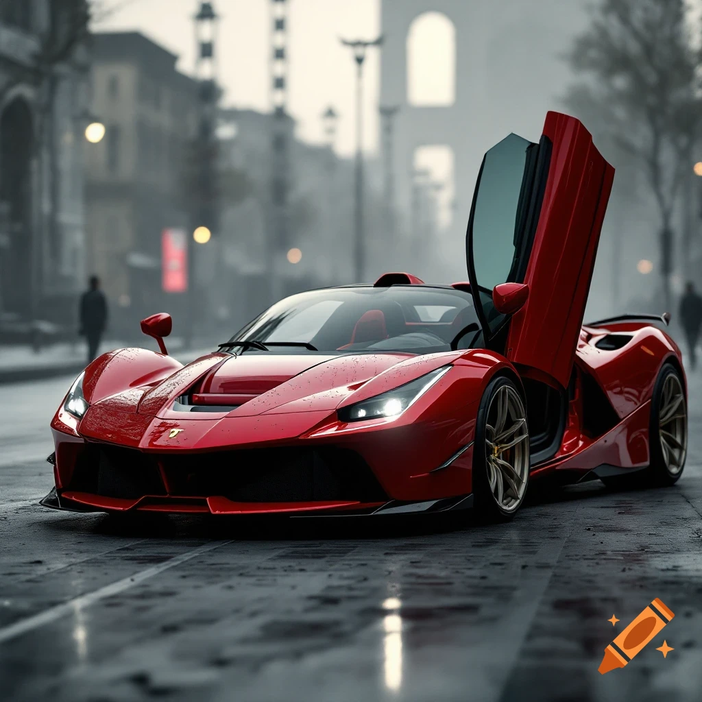 Red Ferrari SF90 with doors open on a wet city street, photorealistic style.