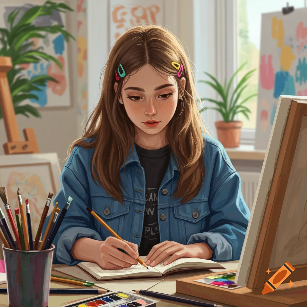 A young girl drawing in a notebook at a desk in an art studio, surrounded by art supplies.