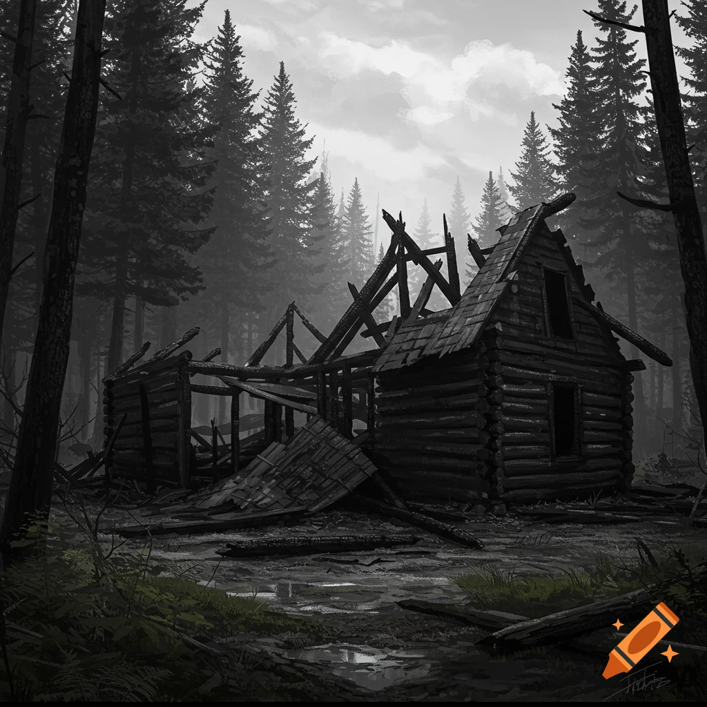 Black and white image of a ruined wooden cabin in a dark forest.