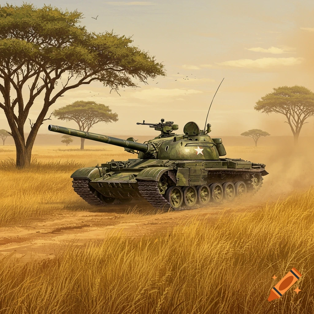 A military tank drives through a grassy African savannah.