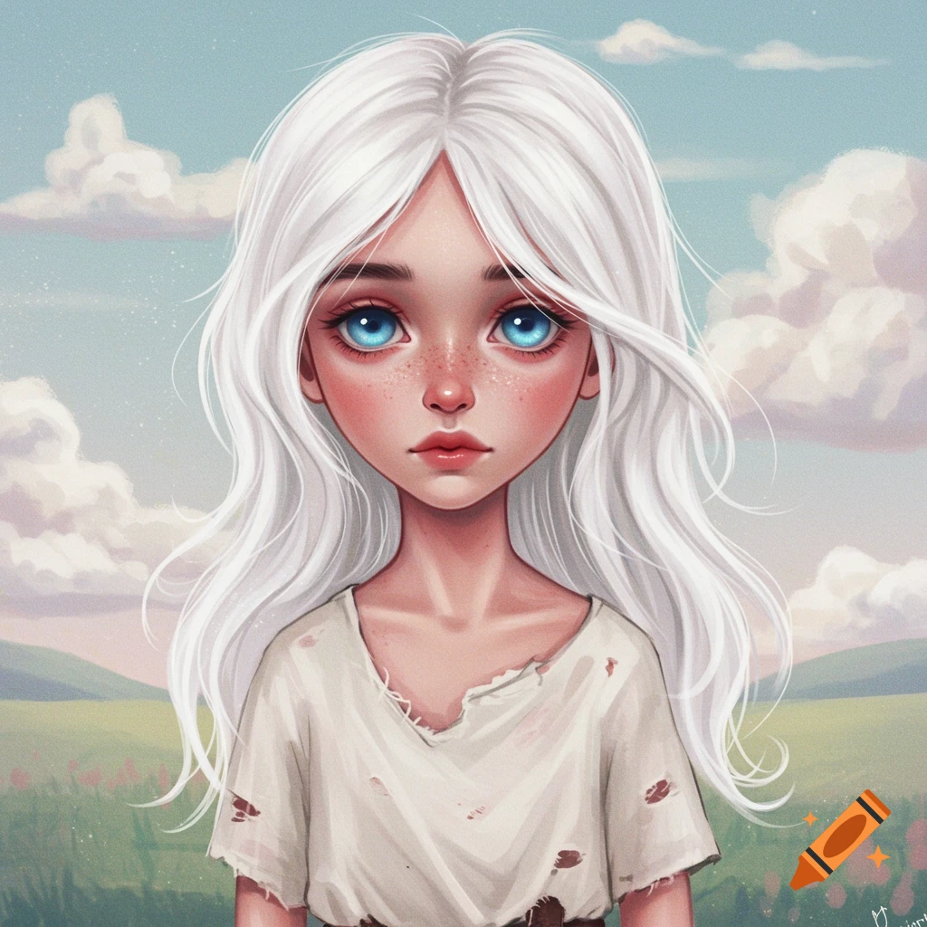 A young girl with white hair and blue eyes, wearing a torn shirt, stands in a field.