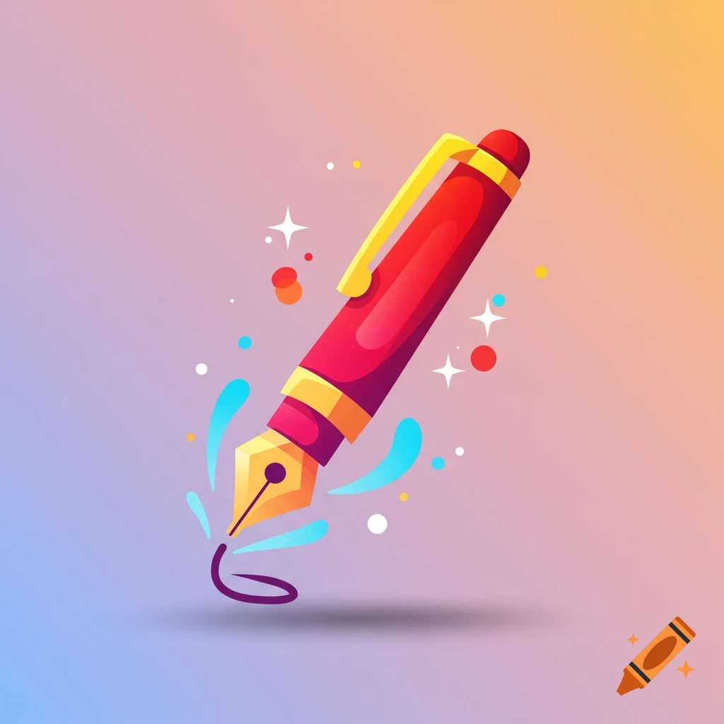 A stylized illustration of a red and yellow fountain pen with ink swirls and sparks on a gradient background.