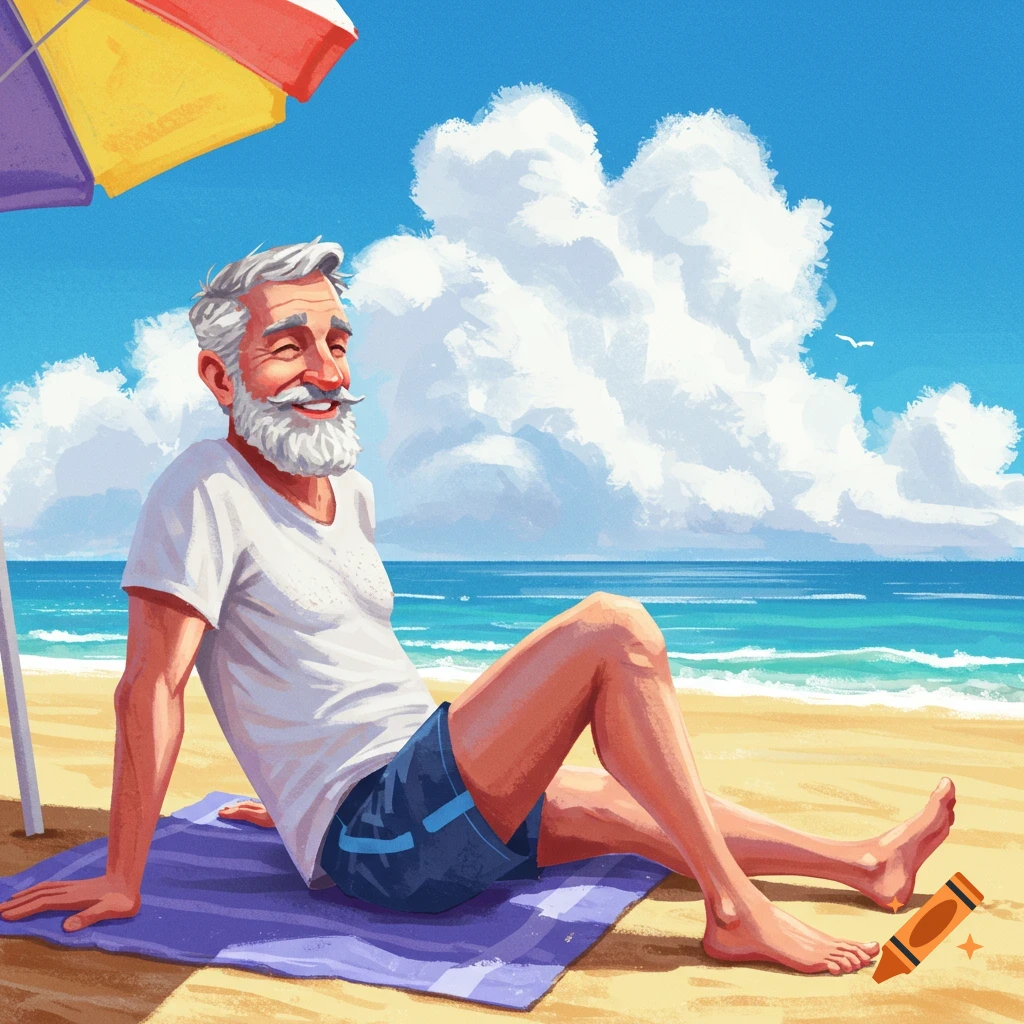 A man sits on a beach towel on the beach.