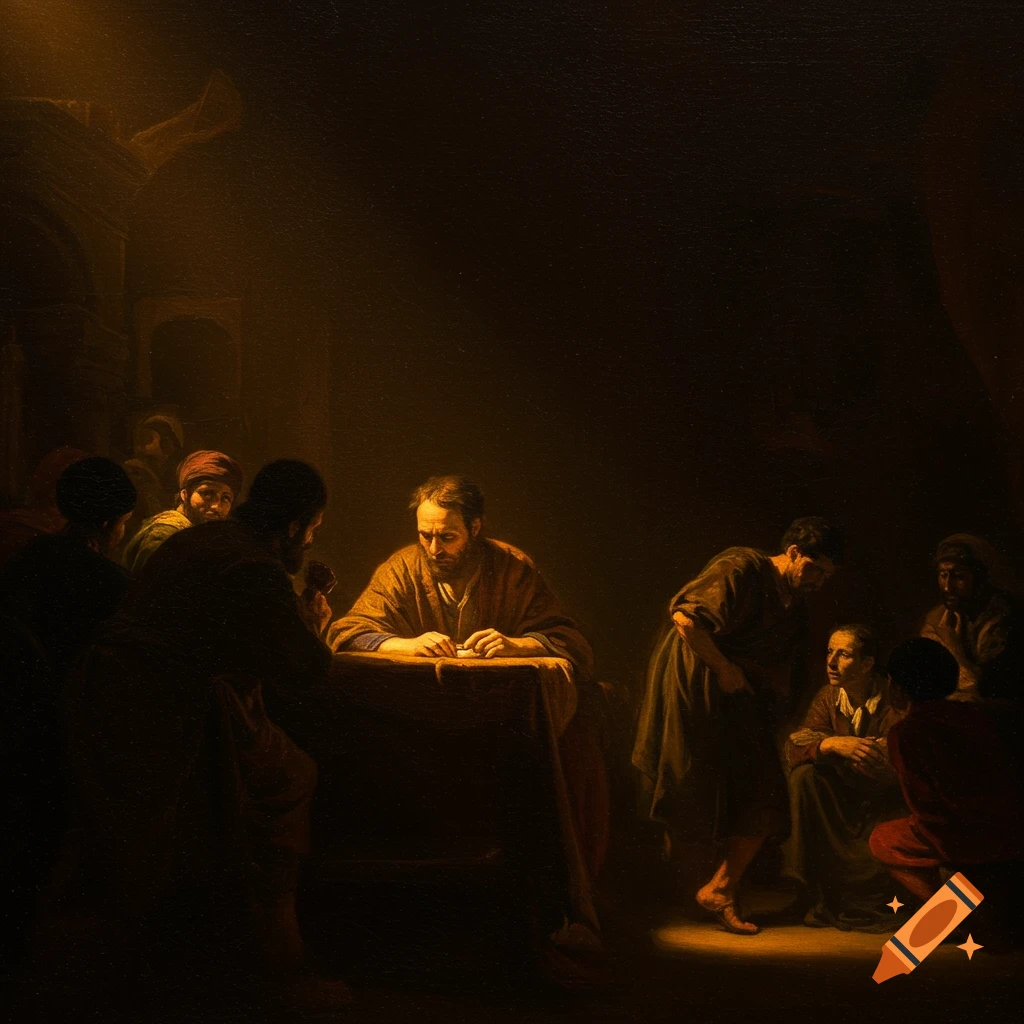 Group of figures gathered around a table in a dark, dramatic historical painting.