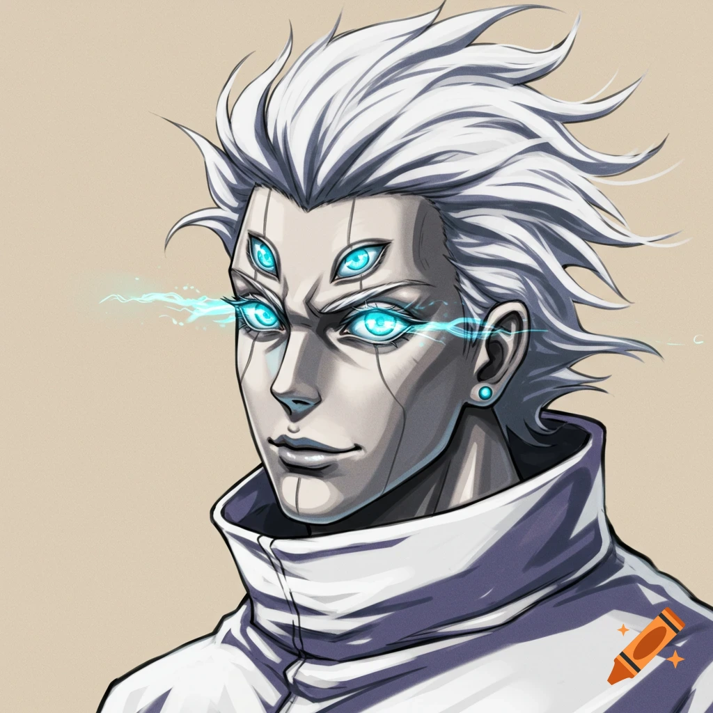 Stylized anime portrait of a white-haired man with multiple glowing blue eyes and cybernetic lines on his face.