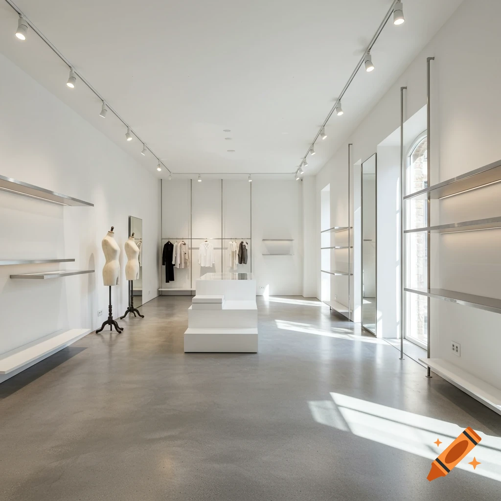 Interior of an empty, modern, minimalist boutique store with mannequins and clothing racks.