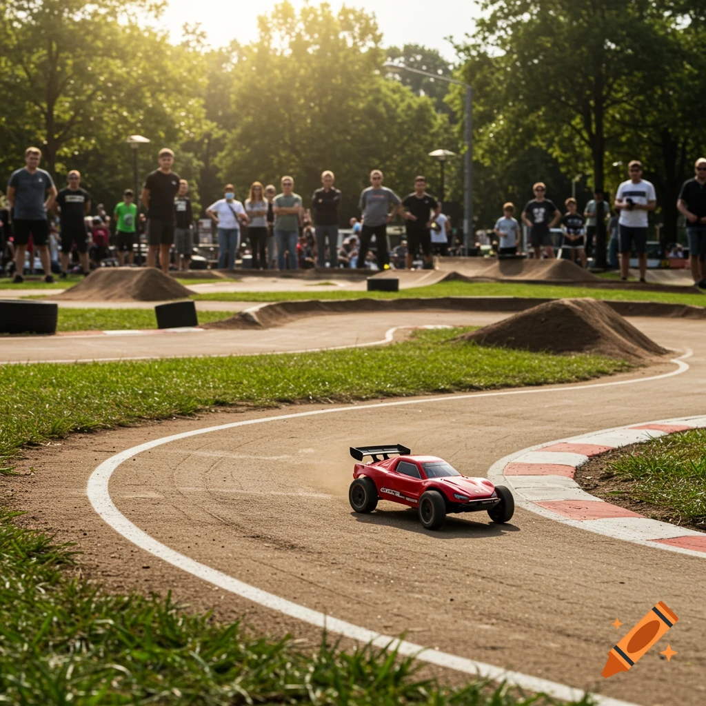 A red RC car speeds around a dirt race track with spectators in the background.
