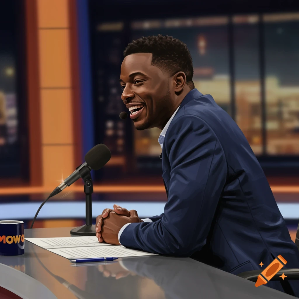 A man speaking into a microphone on a talk show set.