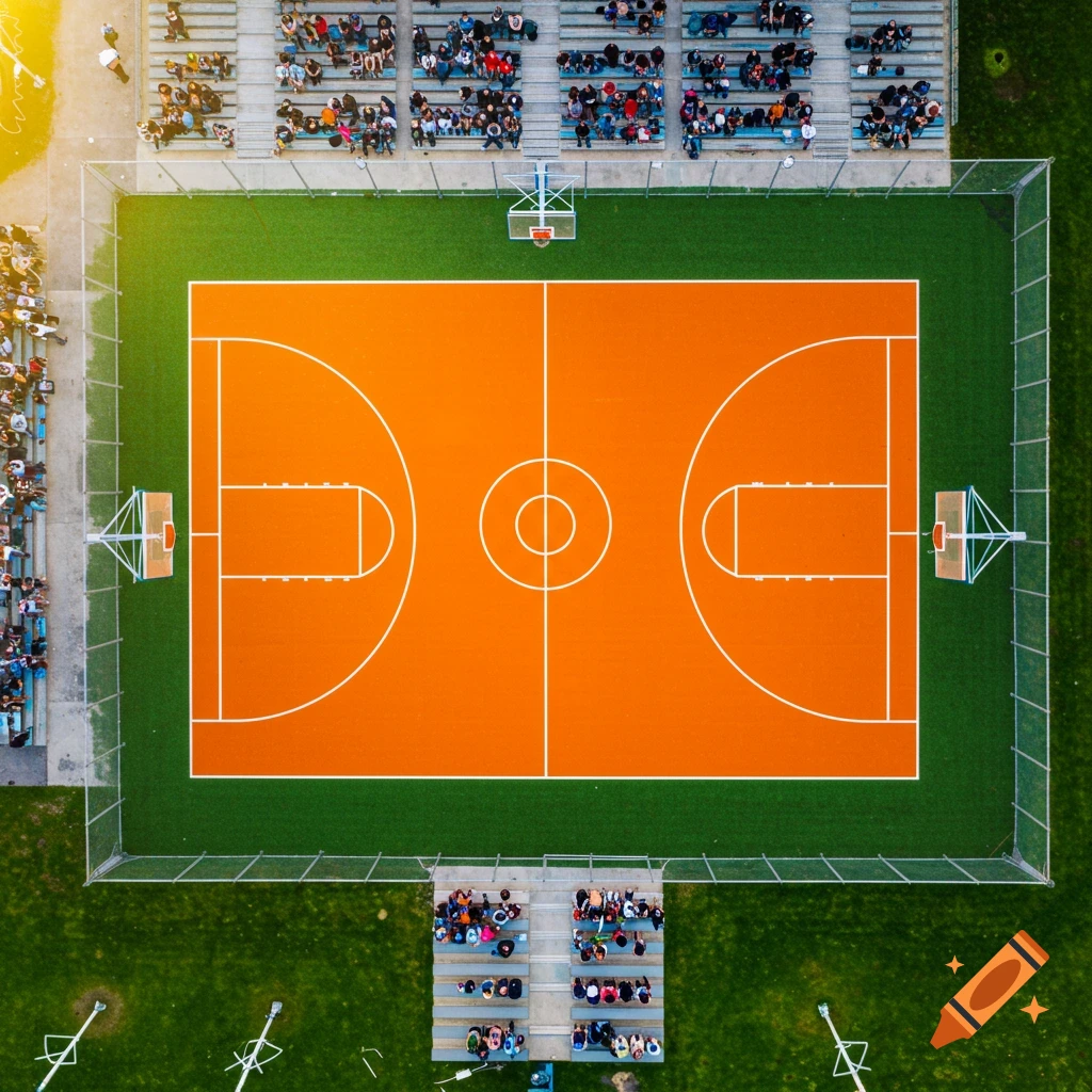 Aerial view of an orange basketball court with spectators in the stands.