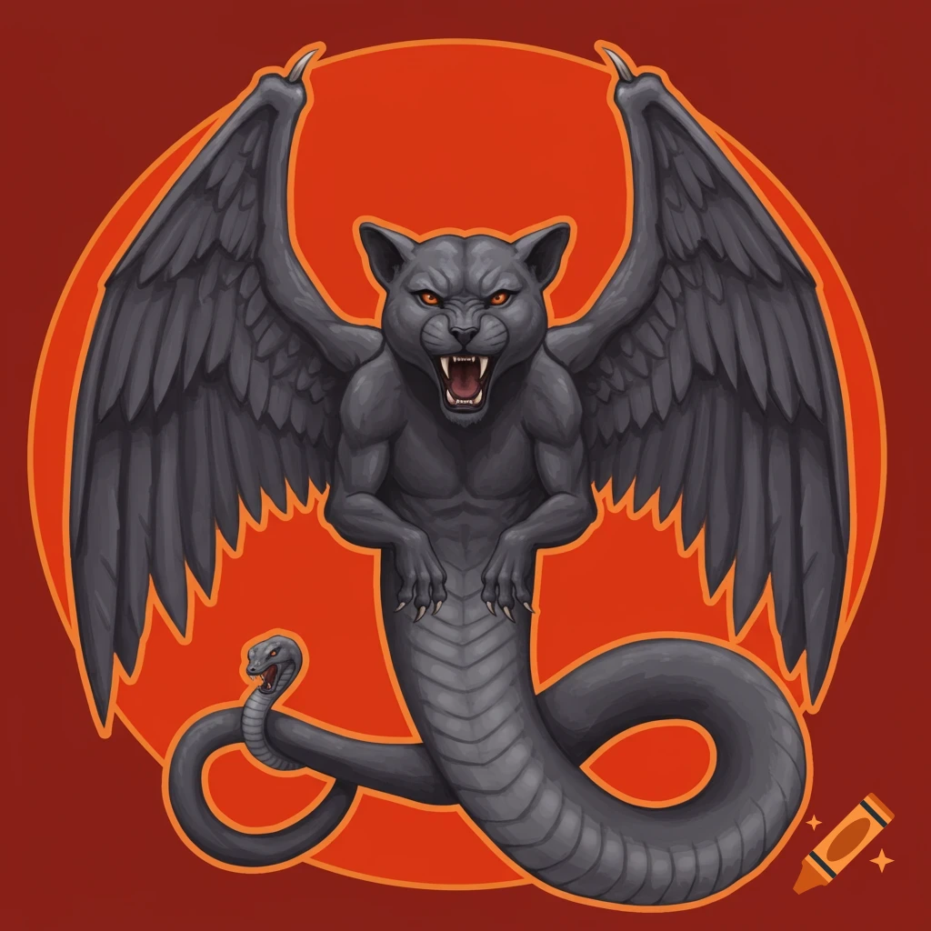 A grey creature with a panther head, bat wings, and a snake body with tiny legs, coiled next to a snake head, against a red background.