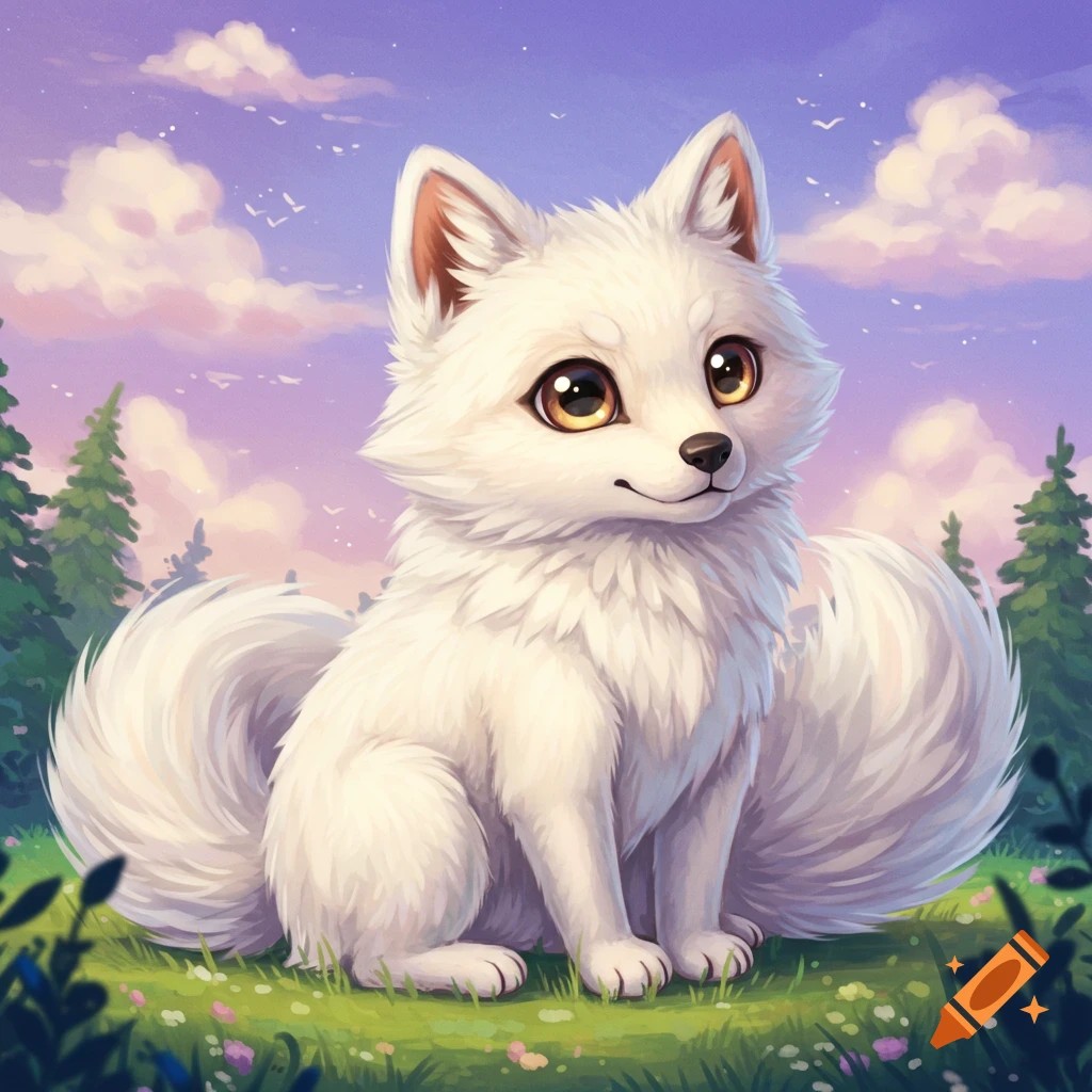A cute white fantasy creature with large eyes sits in a field of grass under a purple sky.