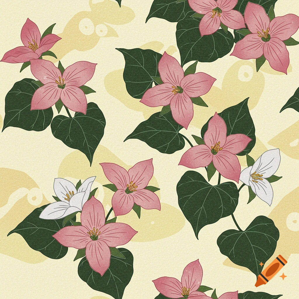 A seamless pattern of pink and white trillium flowers and green leaves on a yellow background with abstract shapes.